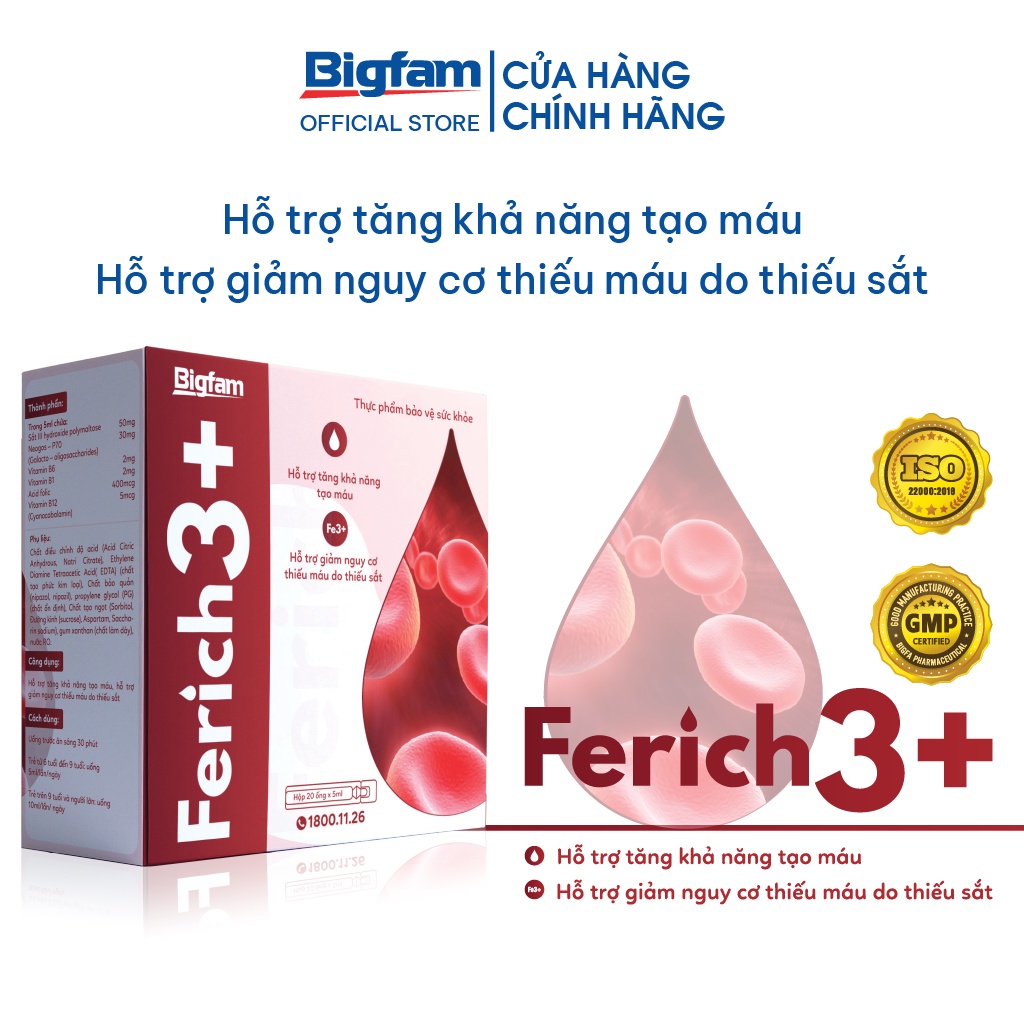 Thực phẩm bảo vệ sức khỏe Ferich 3+ Bigfam giảm nguy cơ thiếu máu dùng được cho cả phụ nữ mang thai (Hộp 20 ống x 10ml)
