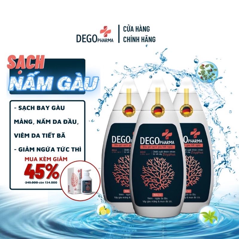 Combo 3 Dầu Gội Đầu DEGO PHARMA 80ml Dứt Điểm Gàu Ngứa Nấm Da Đầu & Viêm Da Tiết Bã .