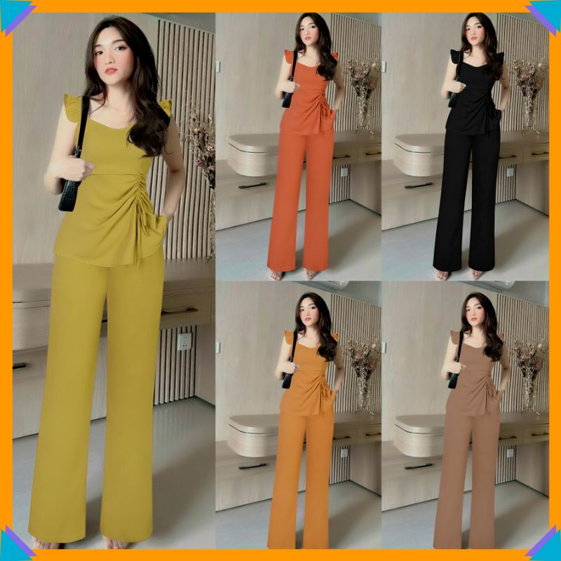 Set bộ nữ nguyên bộ quần dài ống suông , áo 2 dây bản to bèo xếp ly eo xinh xắn J1207