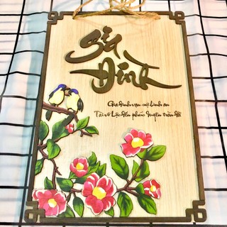 Tranh gỗ chữ thư pháp chữ gia đình vạn sự bình an tài vô lộc phước có sẵn dây treo