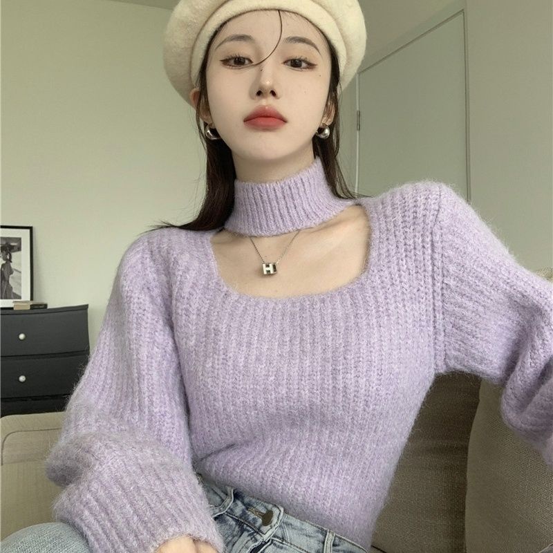 Áo Sweater Cổ Vuông Tay Phồng Dáng Rộng Dày Dặn Cá Tính Cho Nữ