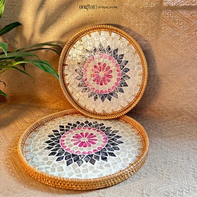 Khay mây khảm trai ONGTRE cao cấp đựng trà, bánh, mỹ phẩm, khay decor phòng khách, khách sạn, homestay OTK11