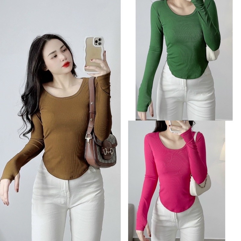 Áo thun ôm body nữ Gân QC cổ U tay dài vạt bầu xỏ ngón