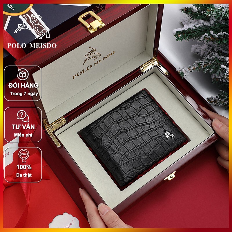 Ví da bò với vân dập chìm siêu đẹp, hàng thương hiệu Polo Meisdo VD13, đầy đủ hộp và túi giấy kèm theo