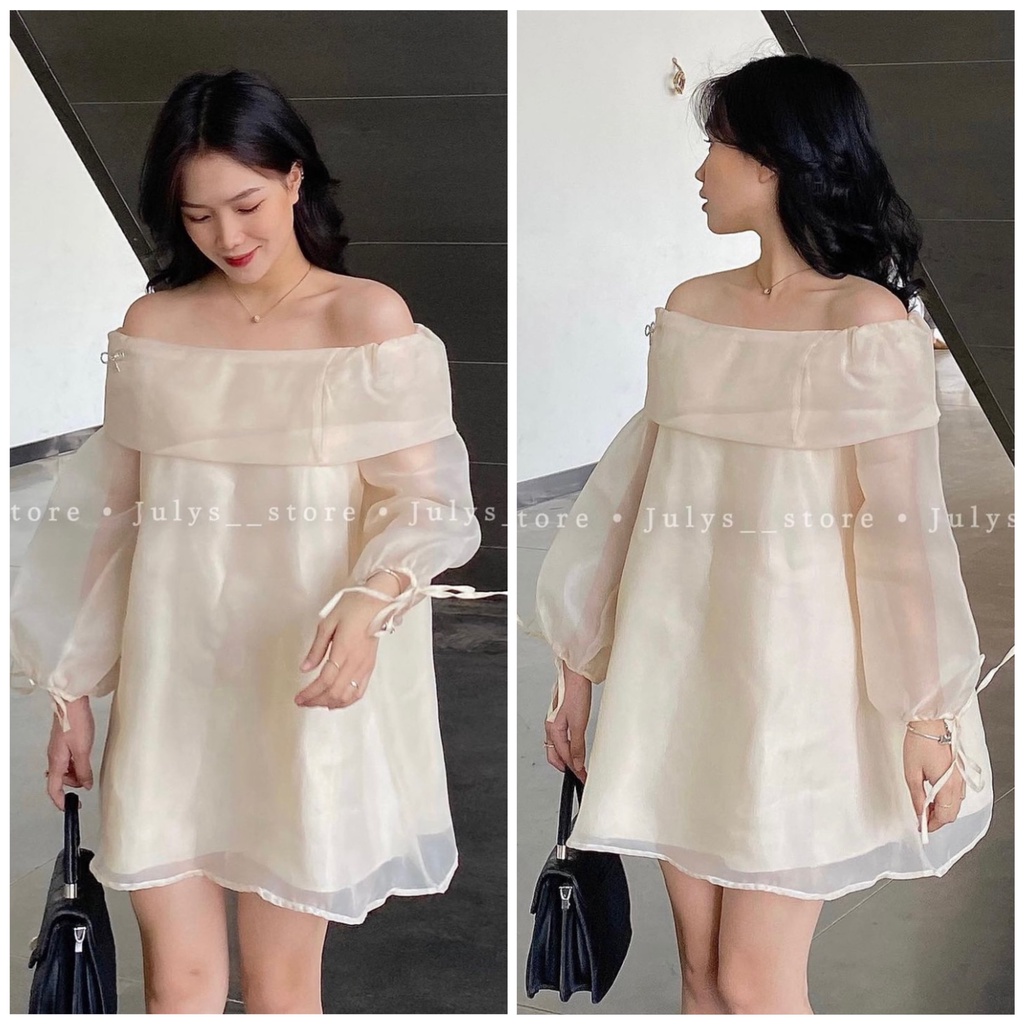 [Sẵn/Ảnh thật] Áo váy babydoll voan tơ tay bồng kèm tag ghim nơ cài