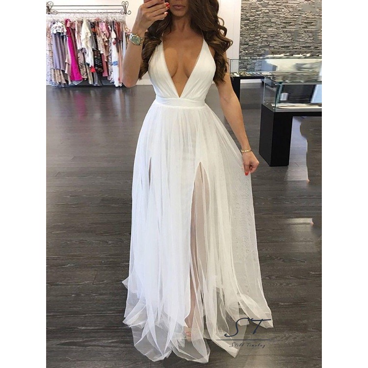 Đầm Voan Dài Không Tay Cổ Chữ V Sâu Màu Sắc Thanh Lịch Dành Cho Nữ CY03