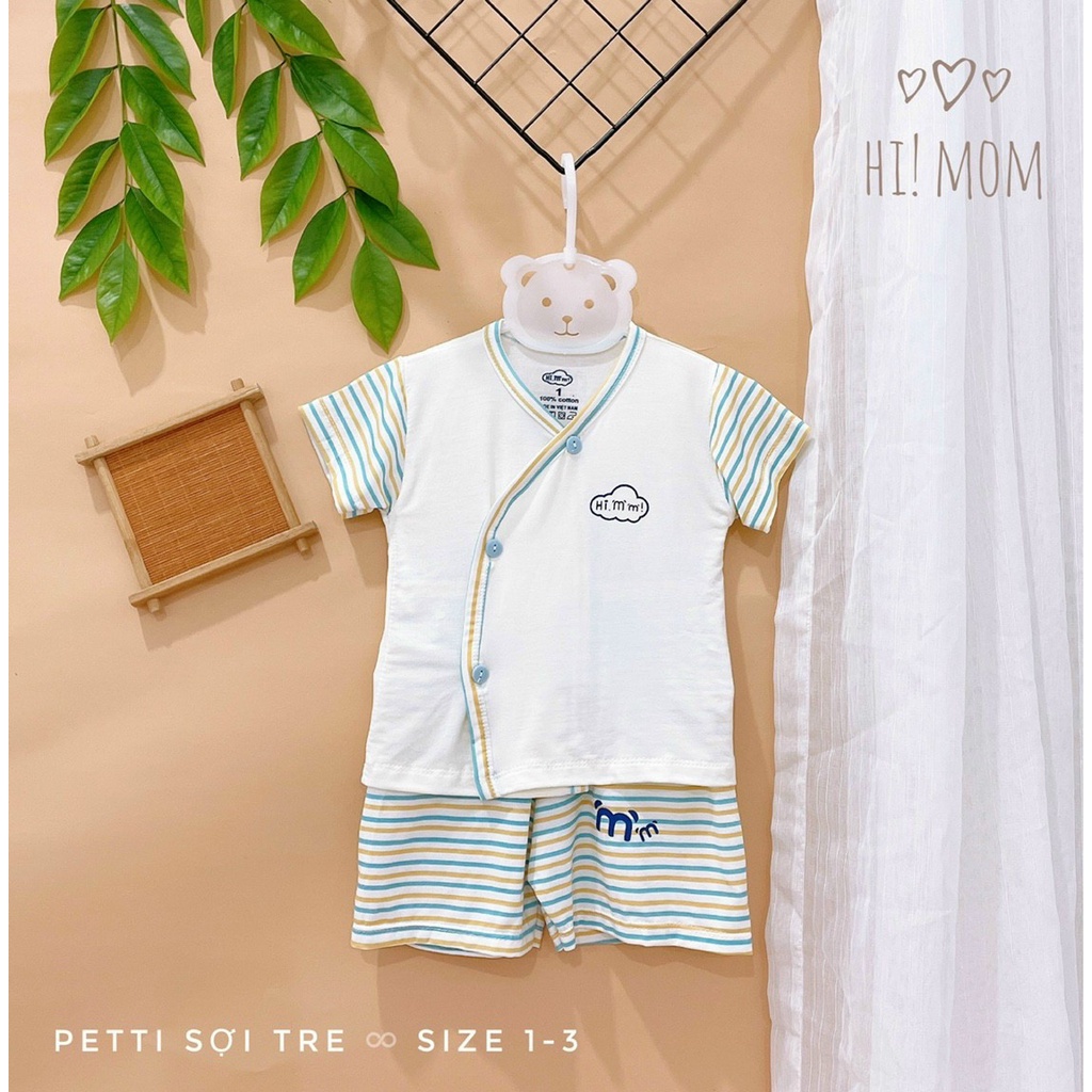 Hi.Mom. Bộ cộc cài lệch vải petit mát lạnh cho bé sơ sinh mẫu kẻ