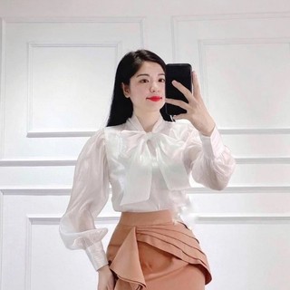 Áo sơ mi công sở cổ nơ to chất tơ sống 2 lớp