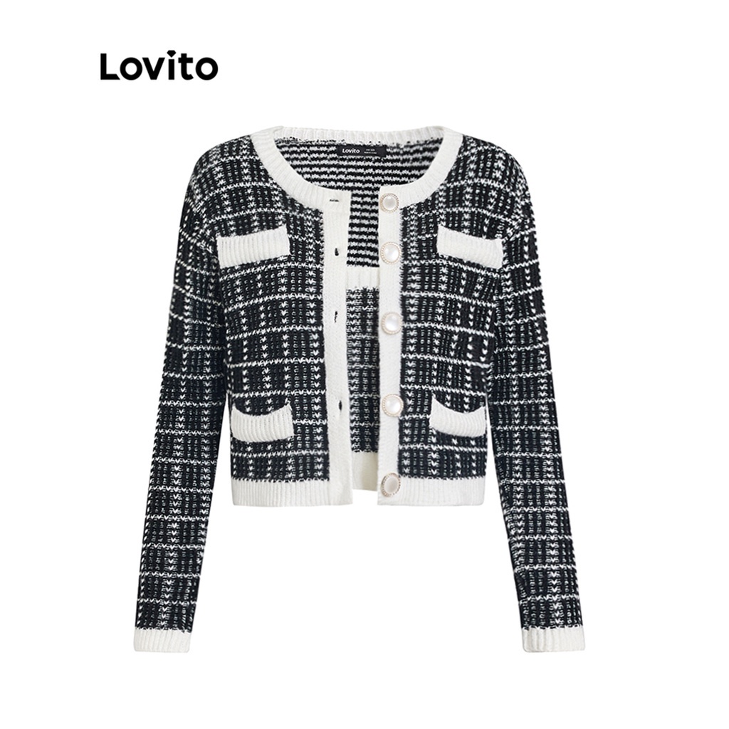 Lovito Preppy Màu sắc tương phản Pocket Women Top Set L37AD058 (Đen)