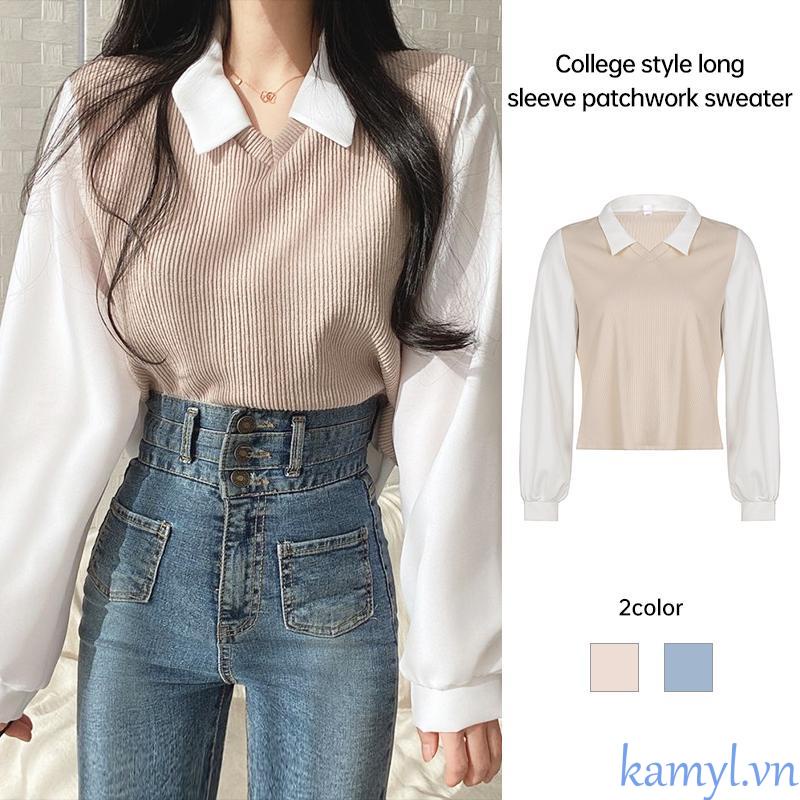 Kamyl Áo Thun Polo Giả Hai Lớp Tay áo dài Dáng Rộng Màu Sắc Tương Phản Thời Trang Dành Cho Nữ