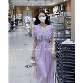 Đầm midi đũi lụa cổ bèo cột nơ duyên dáng