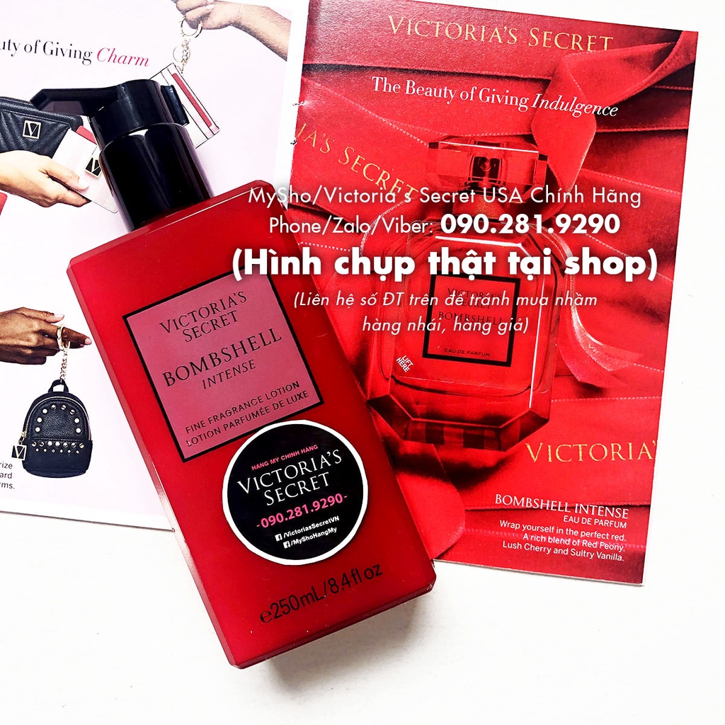 (Bill Mỹ Lotion 250ml) Dưỡng thể  Bombshell Intense hương Cherry tươi, Hoa mẫu đơn đỏ và Vani - Victoria's Secret