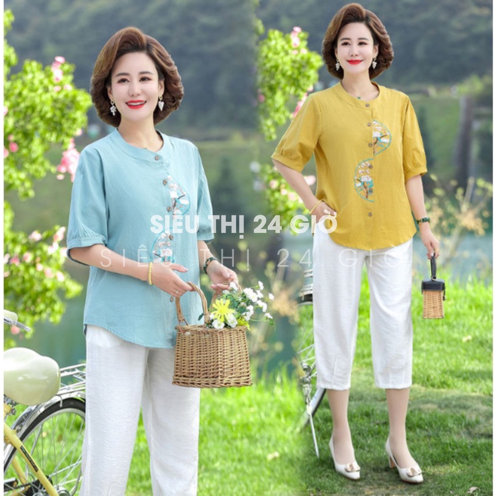 Áo sơ mi nữ trung niên form rộng bigsize Siêu thị 24 giờ chất liệu Linen cao cấp vải mềm nhẹ mát SMH.61