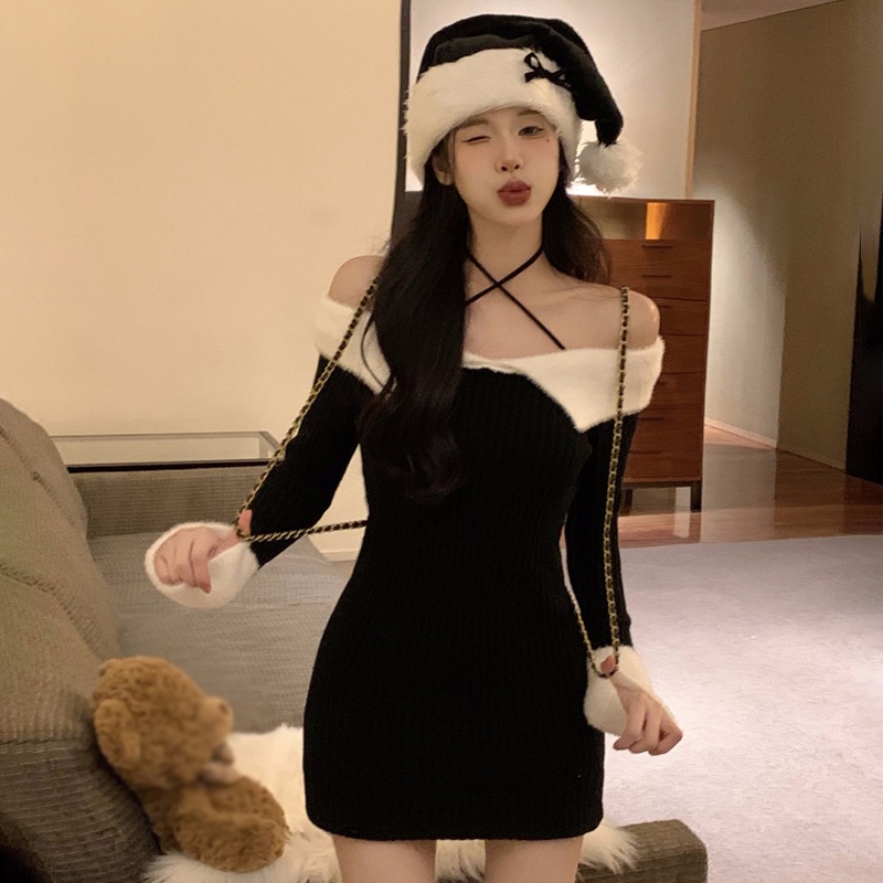 Đầm Dệt Kim Tay Dài Hở Vai Màu Sắc Tương Phản Phong Cách Hàn Quốc Quyến Rũ Cho Nữ