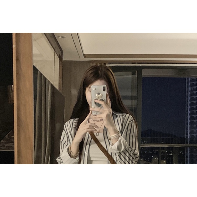 NRVP Áo sơ mi nữ tay dài họa tiết kẻ sọc phong cách Hàn Quốc