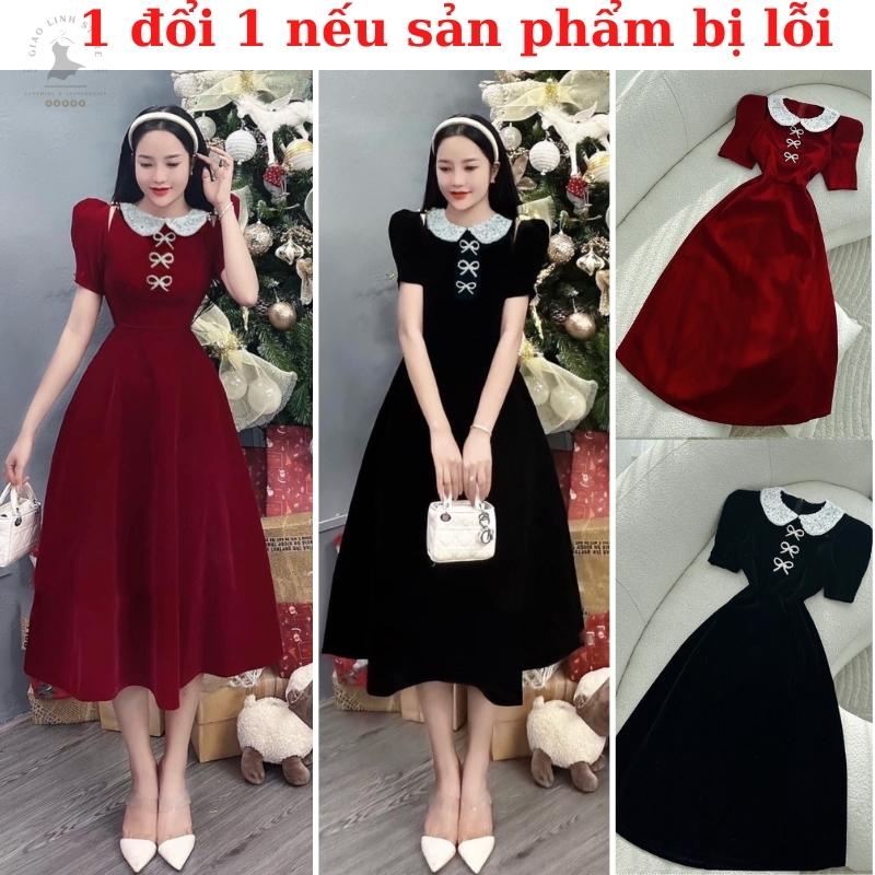 Đầm midi nhung phối cổ ren bẻ trắng khoét vai dài qua gối tay ngắn tặng kèm tag nơ ngọc 2 màu