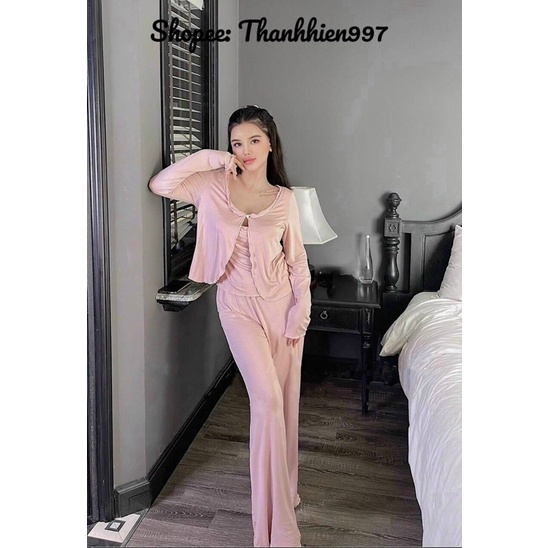 ♥️Hàng QC♥️Set 3 món kèm áo khoác, áo 2 dây nhúng cổ lyly_Thanhhien997_thun lạnh cao cấp 460.