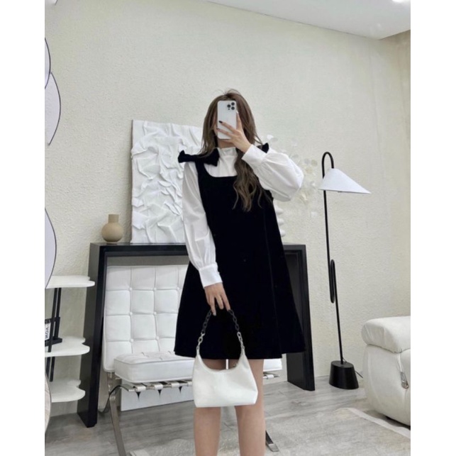 (Sẵn) Set nhung đen 2 món yếm váy nơ vai suông babydoll kèm áo sơ mi bèo trắng ulzzang Hàn Quốc - Ảnh thật Yena Closet