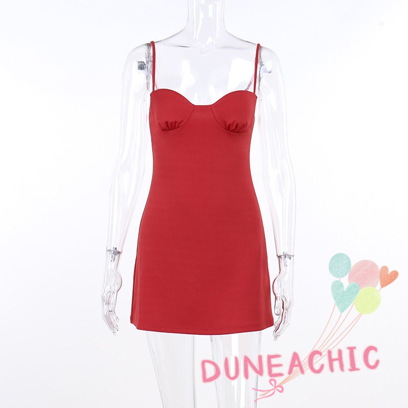 DUNEA Đầm hai dây trơn màu xinh xắn dành cho nữ