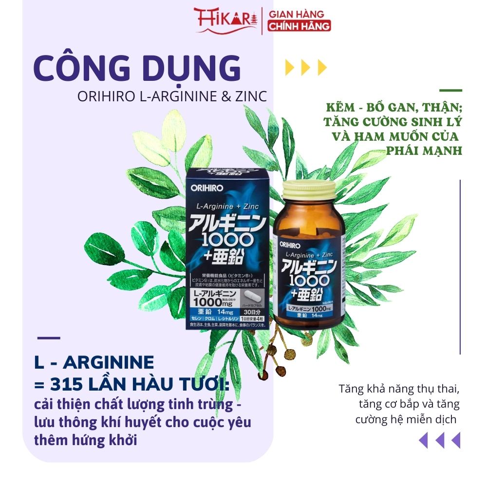 Viên uống tăng cường sinh lý L-Arginine và Kẽm Orihiro cải thiện chất lượng tinh trùng nam giới 120 viên