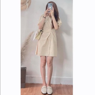 Đầm váy sơ mi cộc tay dáng chữ A phong cách Hàn Quốc trắng hồng be M10
