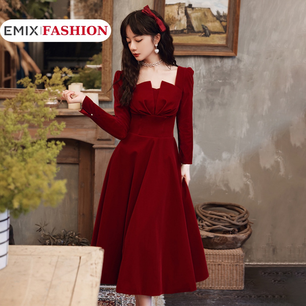 Váy công sở nữ vintage sang chảnh EMIX , tay lỡ, xẻ ngực, dáng dài, thiết kế xẻ ngực, vải nhung mềm