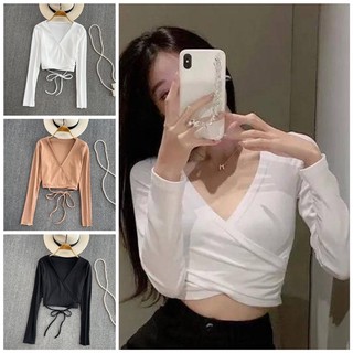 Áo croptop tay dài cổ v tà chéo cột dây