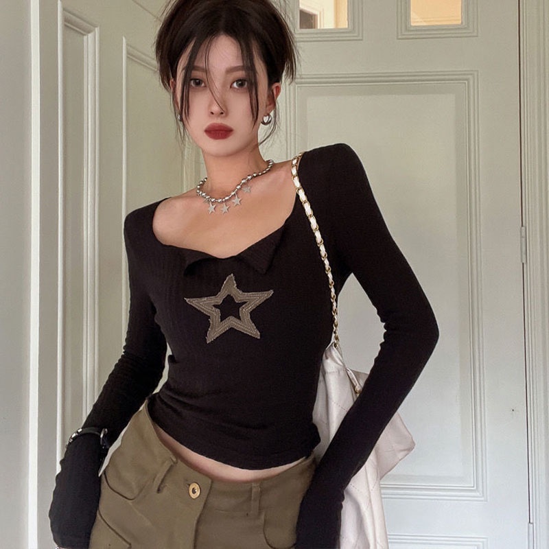 Áo thun lửng CHU MAN JIA tay dài ôm dáng in họa tiết ngôi sao phong cách Hàn Quốc thời trang mùa thu cho nữ