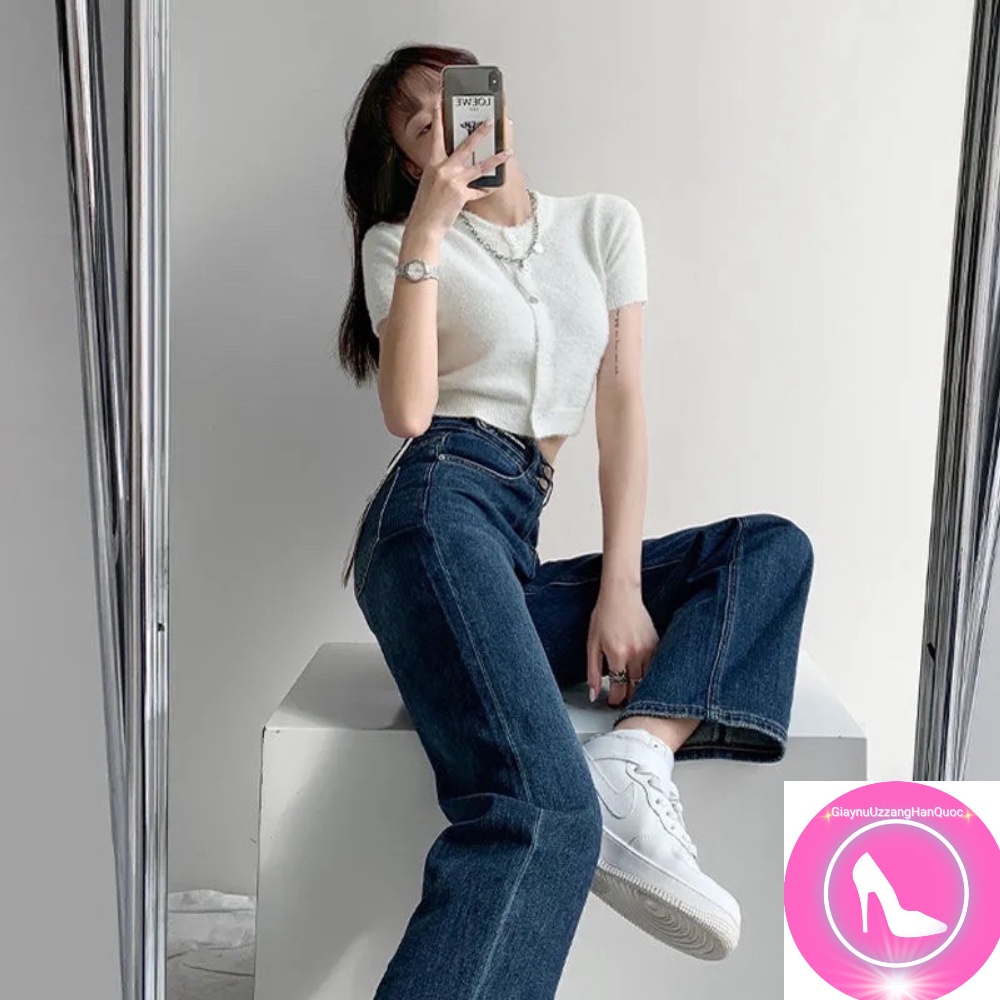 Quần jeans nữ cạp hai cúc màu xanh đậm ống suông loại 1 lưng cao phom rộng phong cách Ulzzang Hàn Quốc chất dày xu hướng