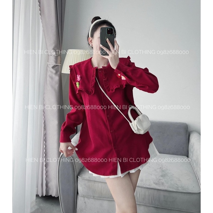 [ 𝐅𝐑𝐄𝐄 𝐒𝐇𝐈𝐏 ] Set áo sơ mi cổ bèo hoa nổi mix cv xếp ly Áo vải đũi QC mềm đẹp, viền bèo điệu xinh, hoa len cài rời
