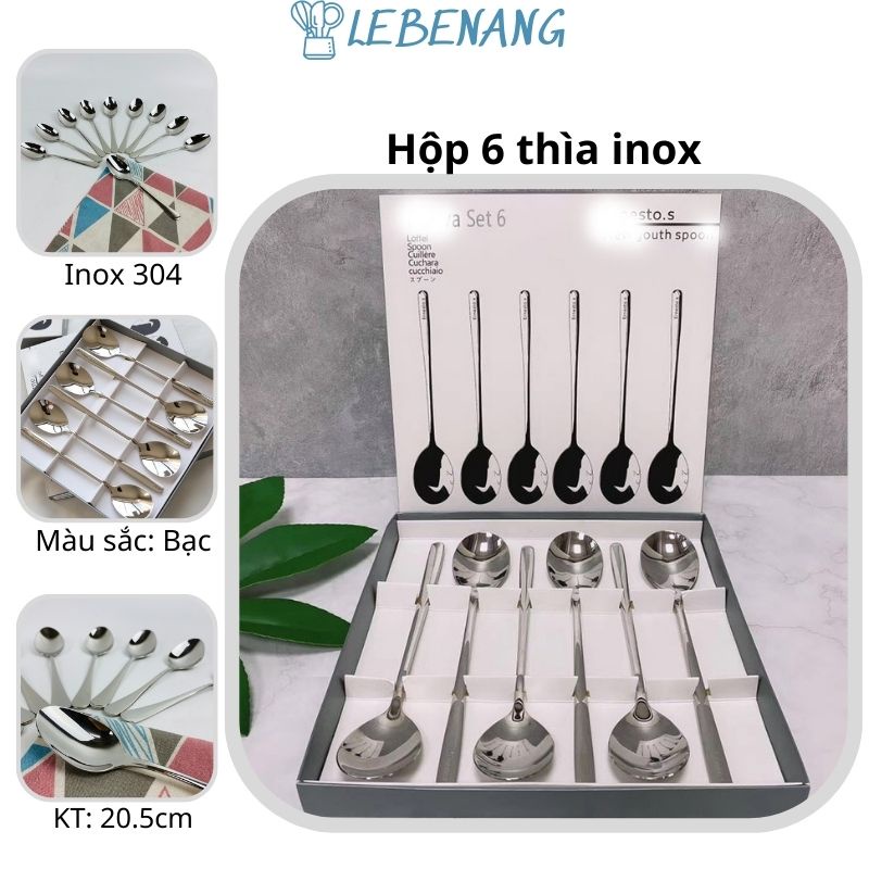 Hộp 6 thìa inox 304 thép không rỉ phù hợp mọi nhà Lebenang