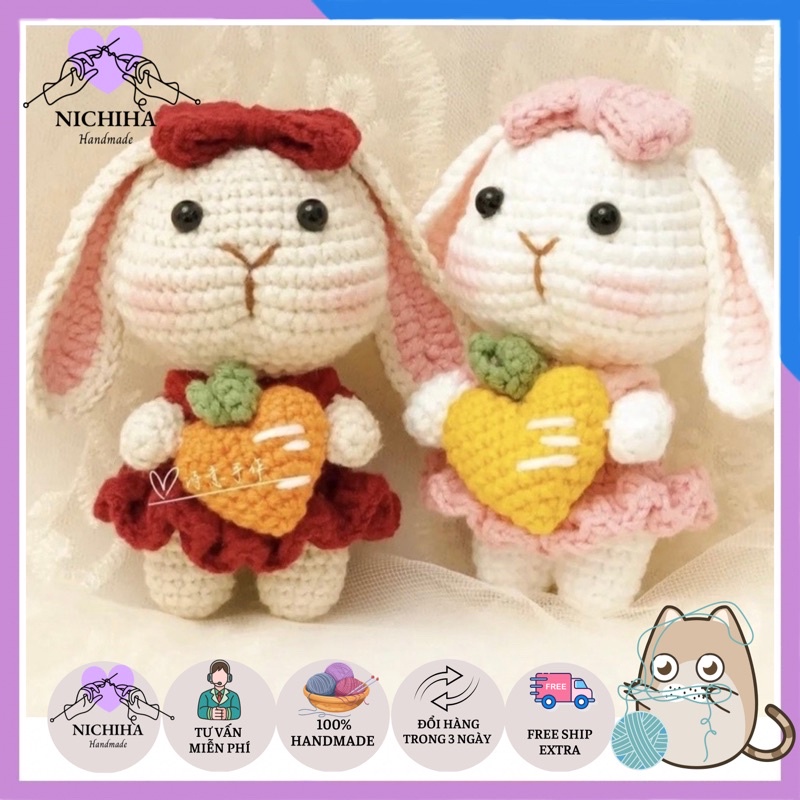 Thỏ móc len handmade cao cấp, quà tặng gấu bông cho bé