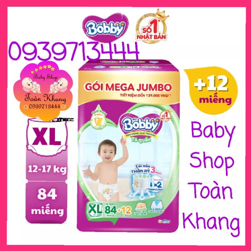 🌈SALE TRI ÂN🌈TÃ QUẦN BOBBY GÓI MEGA JUMBO GẠO NON ORGANIC LÕI NÉN 3MM SIZE M120_L96+12_XL84+12_XXL76+12