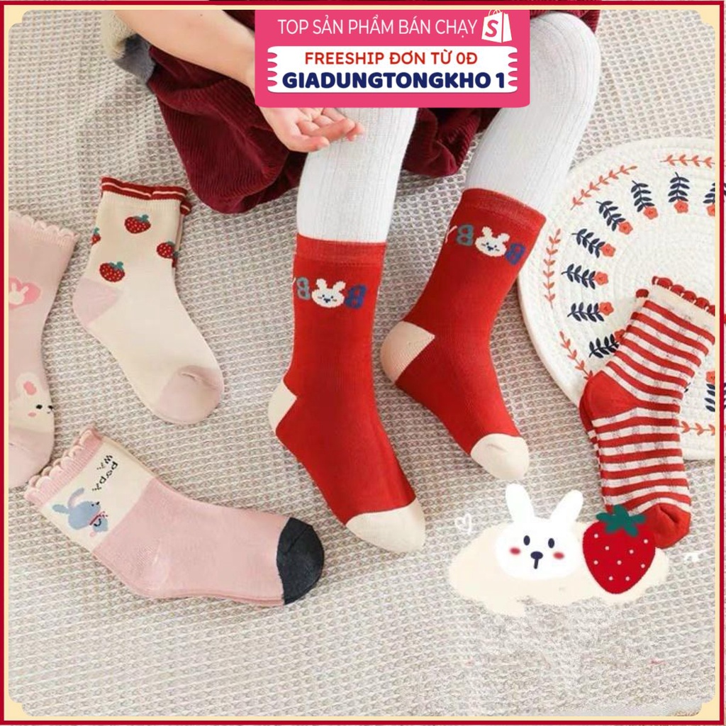 PVN54104 Set 10 Đôi Tất Cotton Cổ Cao Cho Bé Gái Baby Tông Đỏ Hồng Giá Rẻ