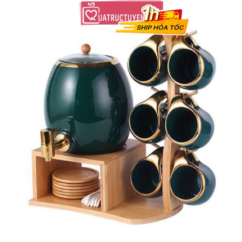 Bộ bình rót nước kèm 6 cốc sứ giá gỗ thìa sứ - Xanh ngọc bích - Quà tặng tân gia, khai trương