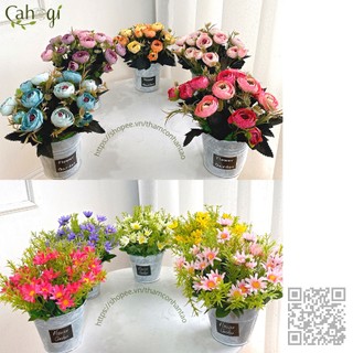 Chậu Hoa Để Bàn - Hoa Giả - Xô Hoa Hồng Romantic Cắm Sẵn Phong Cách Giả Cổ
