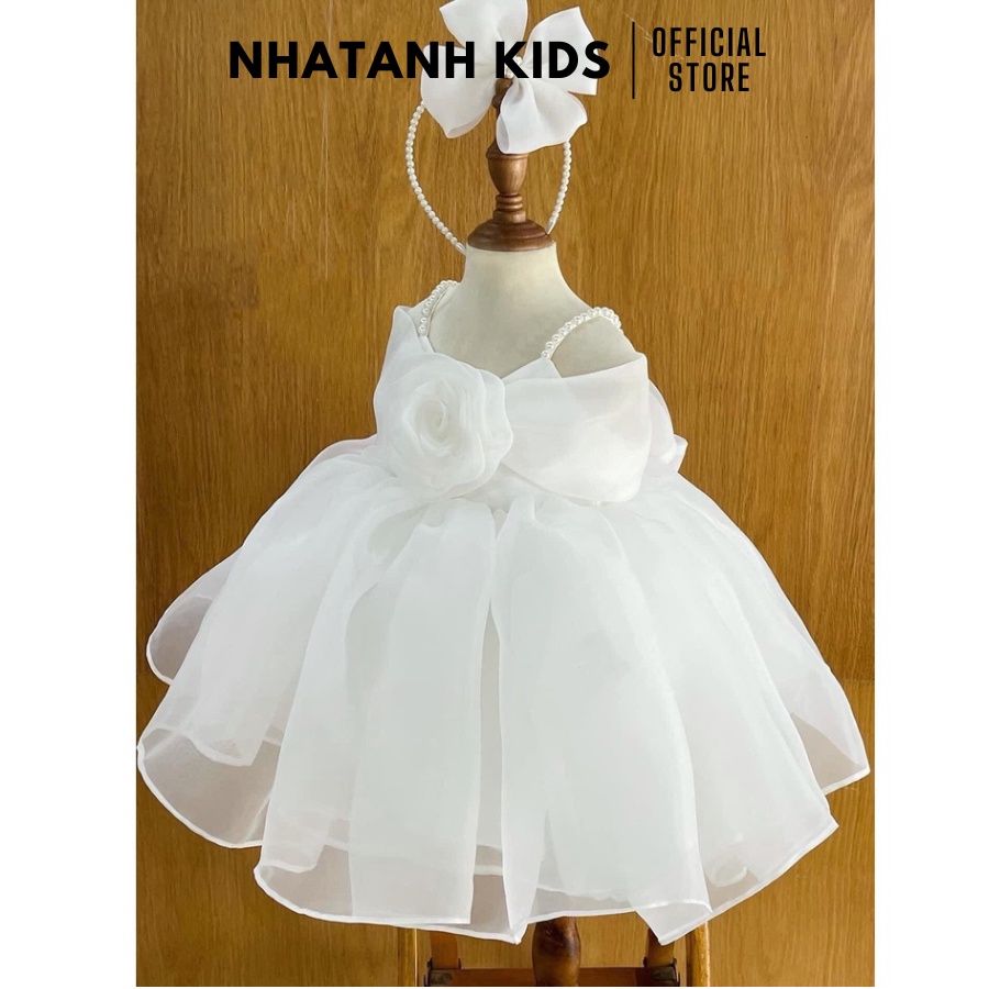 Đầm bé gái NHATANH KIDS choàng vai màu kem hoa hồng sang trọng cho bé từ 0-12 tuổi NA26