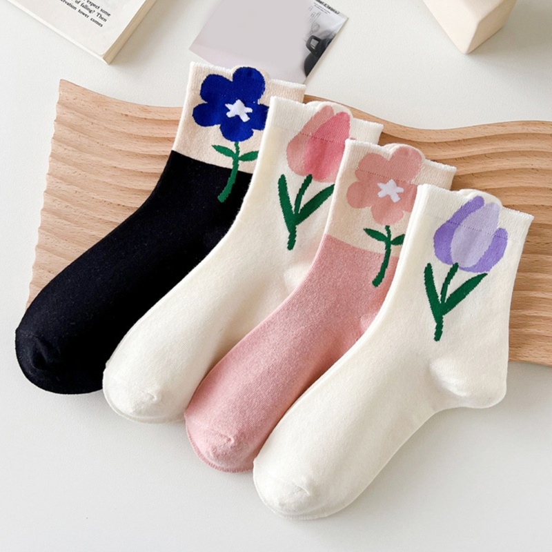 Xiangbao Vớ Cotton Cổ Trung Thoáng Khí In Họa Tiết Hoa Hoạt Hình Nhiều Màu Sắc Harajuku Cho Nữ