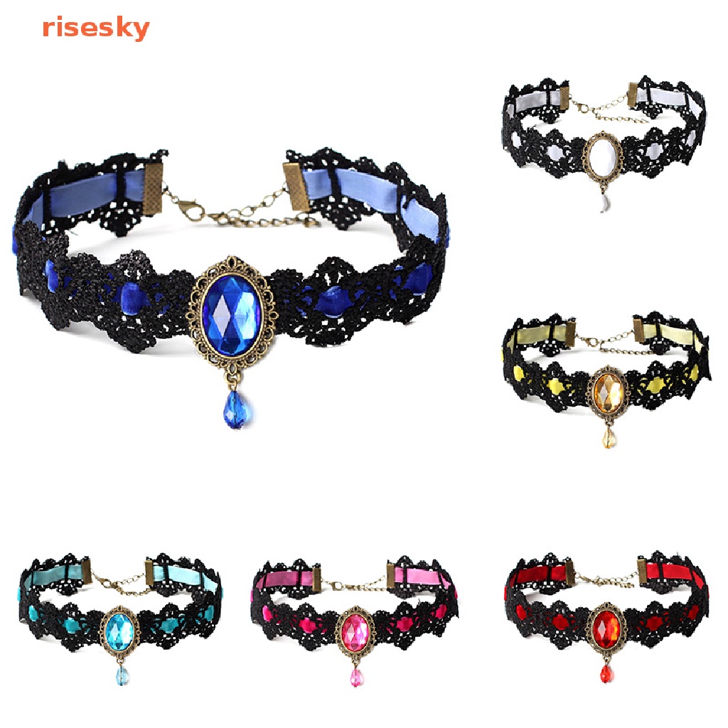 Vòng Cổ Choker Dây Nhung Đen Đính Đá Pha Lê Phong Cách Gothic Cổ Điển