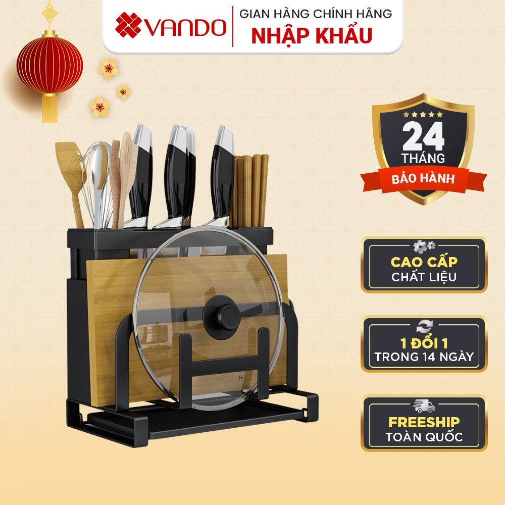 Giá Kệ VANDO Để Vung Nồi Dao Thớt Đũa Tích Hợp Khay Hứng Nước, Kệ Gắn Tường Kèm Móc Treo Đồ Để Bàn Tiện L