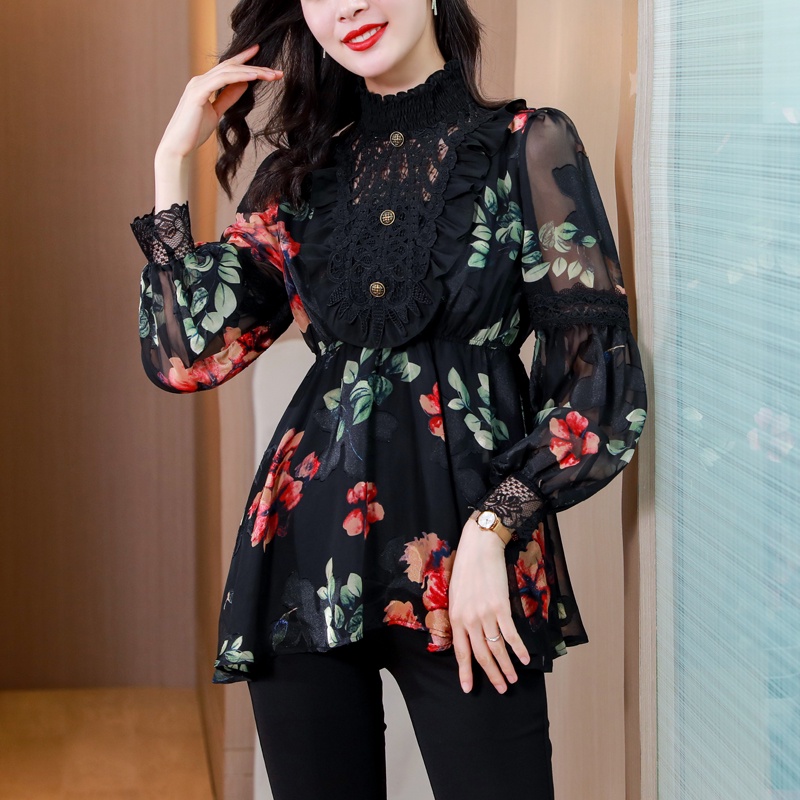 Áo Sơ Mi Chiffon Phối Ren Cao Cấp Phong Cách Châu Âu Thời Trang Mùa Xuân 2023 Mới Cho Nữ