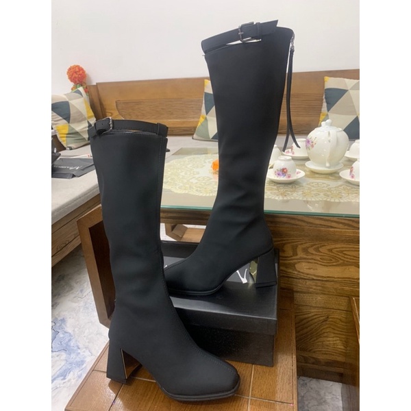 Bốt Đùi Nữ da PU LÌ CAO 7 Phân có Khuy cài gót bạc