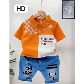 Bộ áo thun cổ trụ bé trai kèm quần jean bò