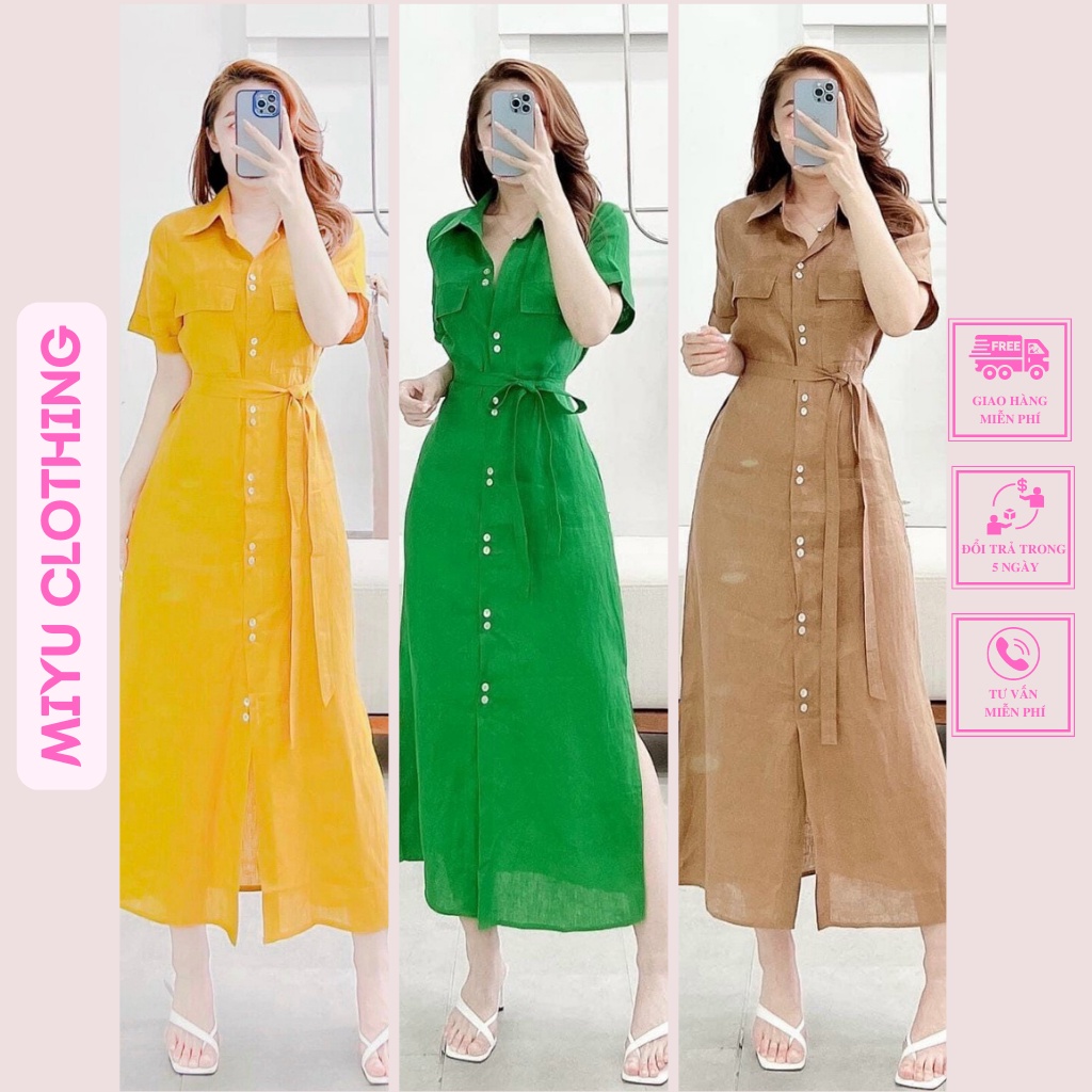 Váy công sở du lịch cổ sơ mi dáng dài đầm sơ mi dự tiệc cài cúc thắt dạo phố trẻ trung xinh xắn Miyu Clothing