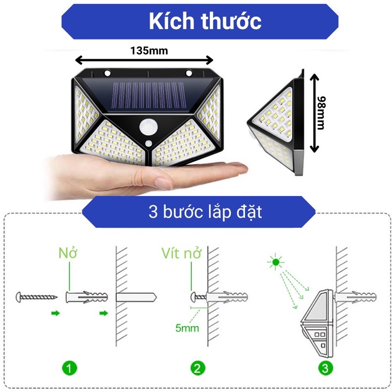Đèn Led Năng Lượng Mặt Trời Cảm Ứng Chống Nước IP65, 100 Bóng Led Siêu Sáng, Sáng Đa Góc, Loại Mới 3 Chế Độ Sáng