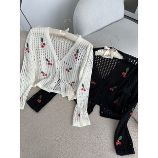 LACE - Áo khoác lưới thêu cherry co dãn thoải mái