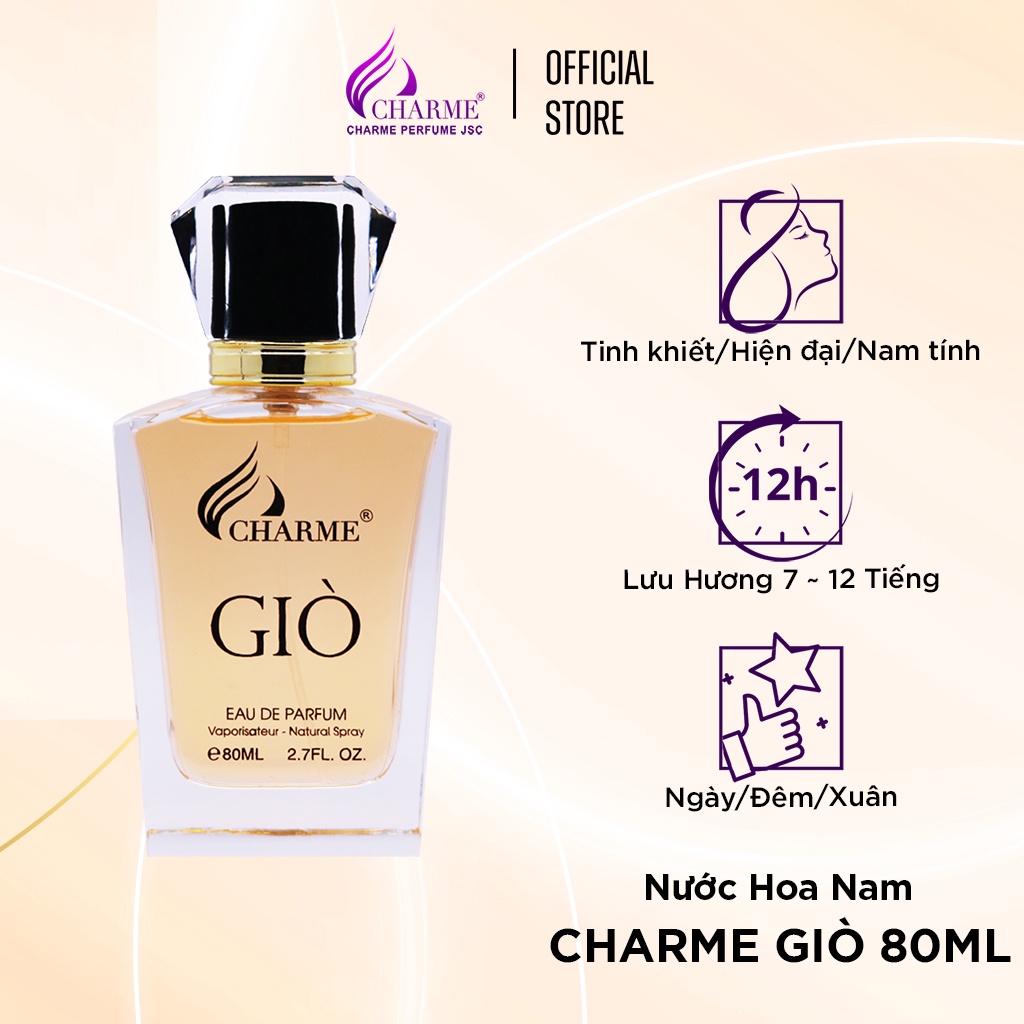 Nước hoa nam cao cấp, Charme Giò, hương trái cây, ngọt ngào, ấm áp, lưu hương lâu, độ tỏa hương xa, 80ml