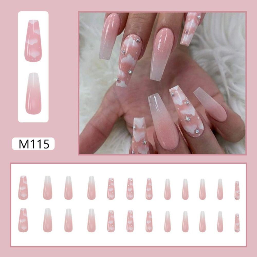 MIHAN1 Set 24 Móng Tay Giả Hình Cây Dừa / Đám Mây / Trái Dừa Màu Hồng Gradient DIY MIHAN1