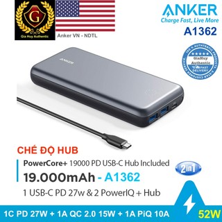 Pin sạc dự phòng 2-in-1 anker powercore+ 19000mah 52w, 1c pd 27w, 1a qc 2.0 15w, 1a piq 10w, tích hợp hub usb - a1362