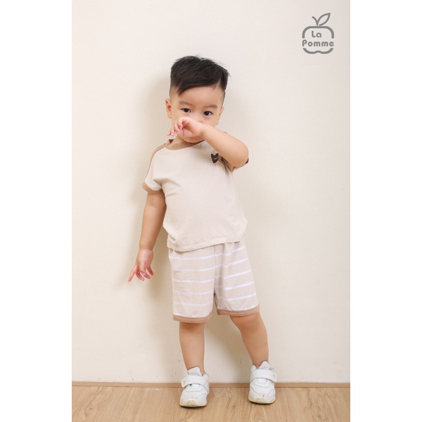 Bộ đồ cộc tay La Pomme kẻ viền màu - Kẻ nâu